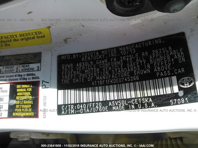 4T1BF1FK0EU745266 - 2014 TOYOTA CAMRY L/SE/LE/XLE Ağ foto 9