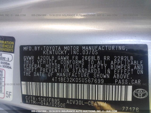 4T1BE32K05U567699 - 2005 TOYOTA CAMRY LE/XLE/SE SILVER photo 9