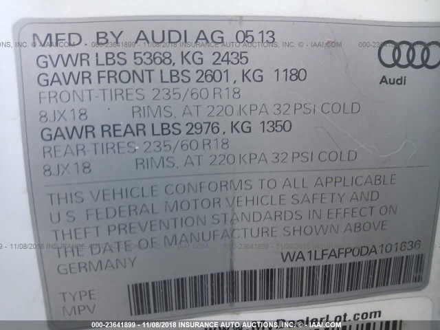 WA1LFAFP0DA101636 - 2013 AUDI Q5 PREMIUM PLUS WHITE photo 9