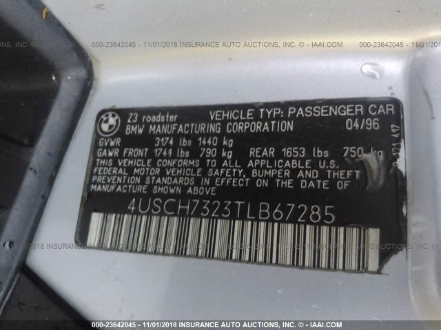 4USCH7323TLB67285 - 1996 BMW Z3 1.9 SILVER photo 9