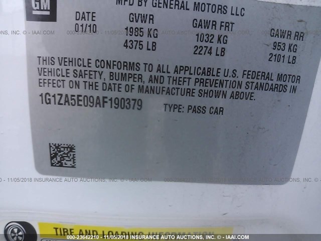 1G1ZA5E09AF190379 - 2010 CHEVROLET MALIBU LS 白色 照片 9