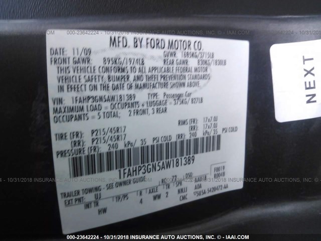 1FAHP3GN5AW181389 - 2010 FORD FOCUS SES GRAY photo 9