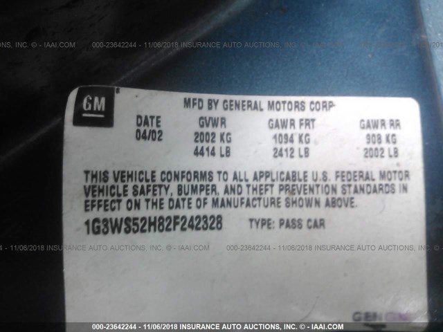 1G3WS52H82F242328 - 2002 OLDSMOBILE INTRIGUE GL GREEN photo 9