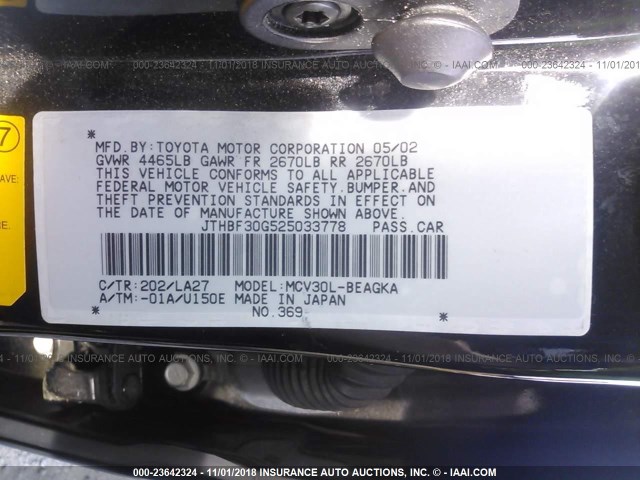 JTHBF30G525033778 - 2002 LEXUS ES 300 BLACK photo 9