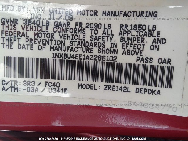 1NXBU4EE1AZ286102 - 2010 TOYOTA COROLLA S/LE/XLE RED photo 9