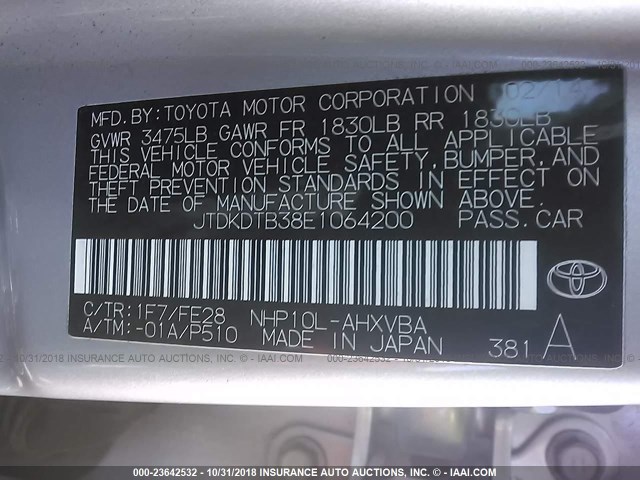 JTDKDTB38E1064200 - 2014 TOYOTA PRIUS C SILVER photo 9