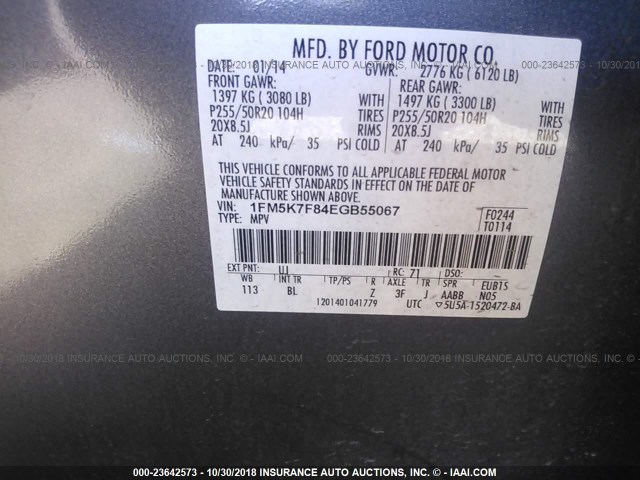 1FM5K7F84EGB55067 - 2014 FORD EXPLORER LIMITED GRAY photo 9