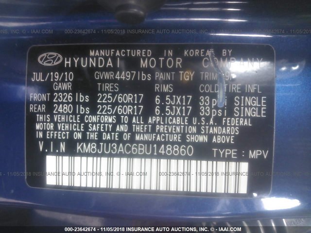 KM8JU3AC6BU148860 - 2011 HYUNDAI TUCSON GLS/LIMITED ლურჯი ფოტო 9