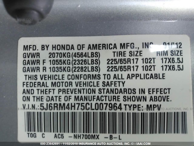 5J6RM4H75CL007964 - 2012 HONDA CR-V EXL SILVER photo 9