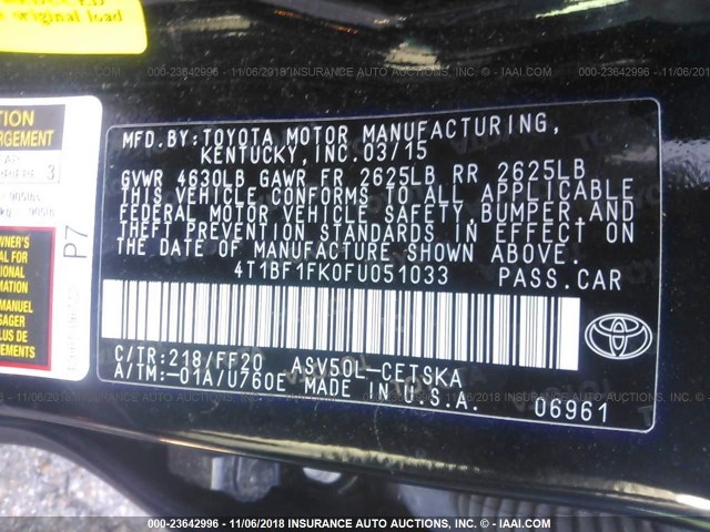 4T1BF1FK0FU051033 - 2015 TOYOTA CAMRY LE/XLE/SE/XSE BLACK photo 9