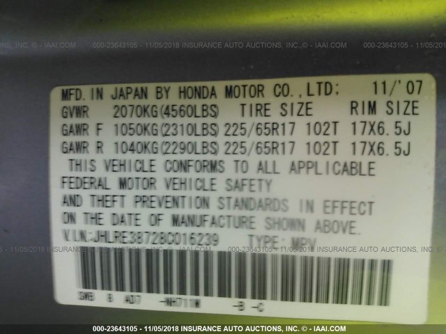 JHLRE38728C016239 - 2008 HONDA CR-V EXL SILVER photo 9