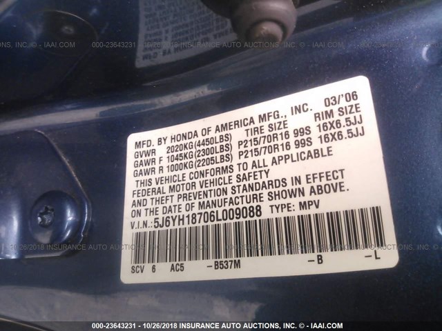 5J6YH18706L009088 - 2006 HONDA ELEMENT EX BLUE photo 9