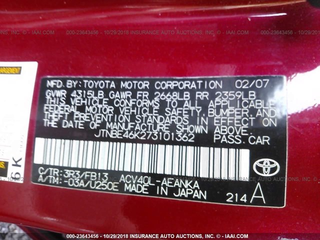 JTNBE46K273101362 - 2007 TOYOTA CAMRY NEW GENERAT CE/LE/XLE/SE RED photo 9