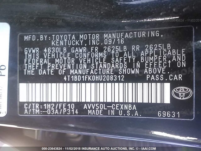 4T1BD1FK0HU208312 - 2017 TOYOTA CAMRY HYBRID/LE/XLE/SE BLUE photo 9