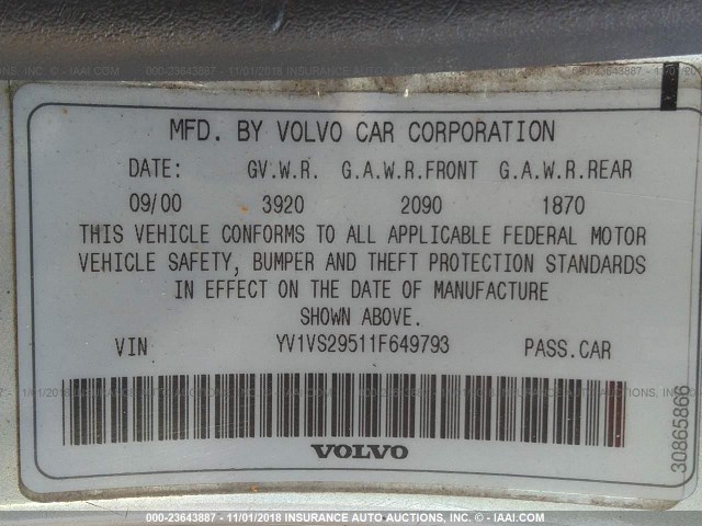 YV1VS29511F649793 - 2001 VOLVO S40 1.9T SILVER photo 9