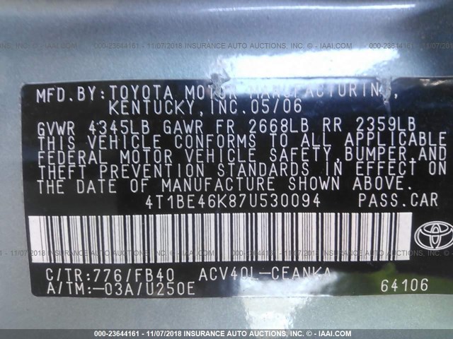 4T1BE46K87U530094 - 2007 TOYOTA CAMRY NEW GENERAT CE/LE/XLE/SE GREEN photo 9