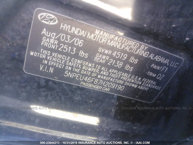 5NPEU46F87H209190 - 2007 HYUNDAI SONATA SE/LIMITED BLACK photo 9