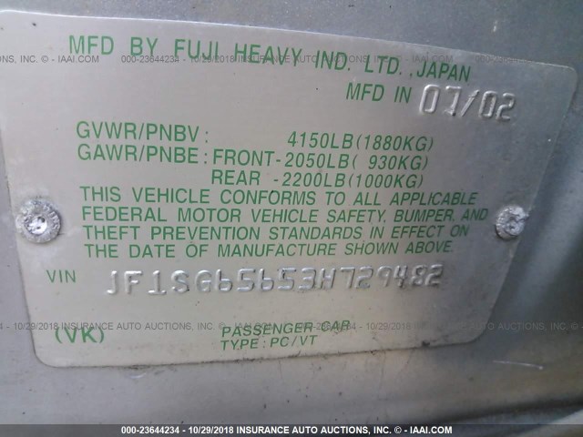 JF1SG65653H729482 - 2003 SUBARU FORESTER 2.5XS ვერცხლისფერი ფოტო 9