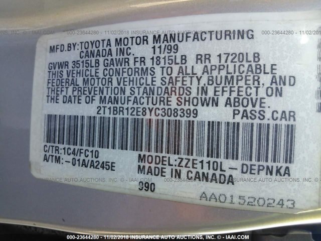 2T1BR12E8YC308399 - 2000 TOYOTA COROLLA VE/CE/LE SILVER photo 9