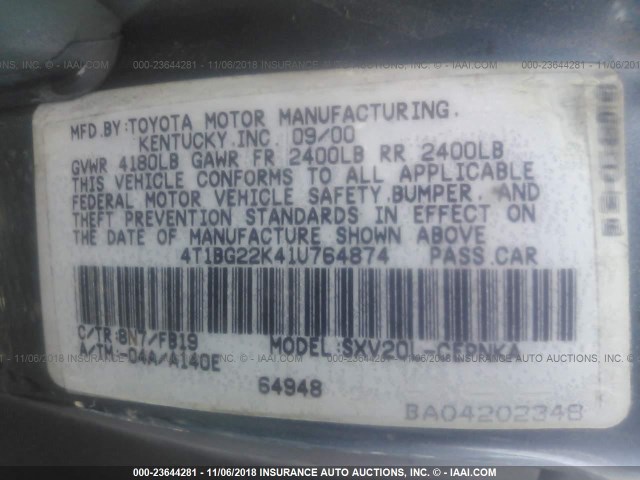 4T1BG22K41U764874 - 2001 TOYOTA CAMRY CE/LE/XLE 蓝色 照片 9