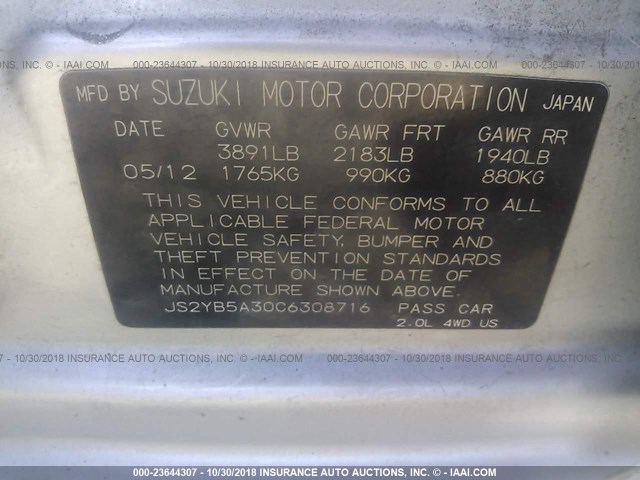 JS2YB5A30C6308716 - 2012 SUZUKI SX4 SILVER photo 9