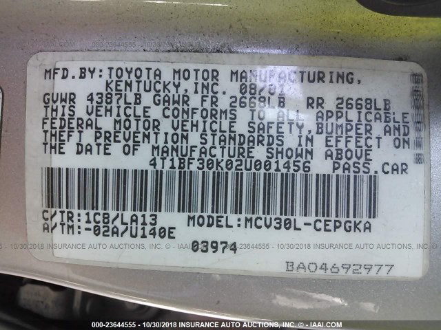 4T1BF30K02U001456 - 2002 TOYOTA CAMRY LE/XLE/SE SILVER photo 9