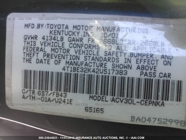 4T1BE32K42U517383 - 2002 TOYOTA CAMRY LE/XLE/SE GRAY photo 9