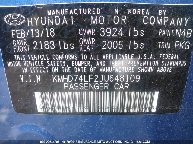 KMHD74LF2JU648109 - 2018 HYUNDAI ELANTRA SE BLUE photo 9