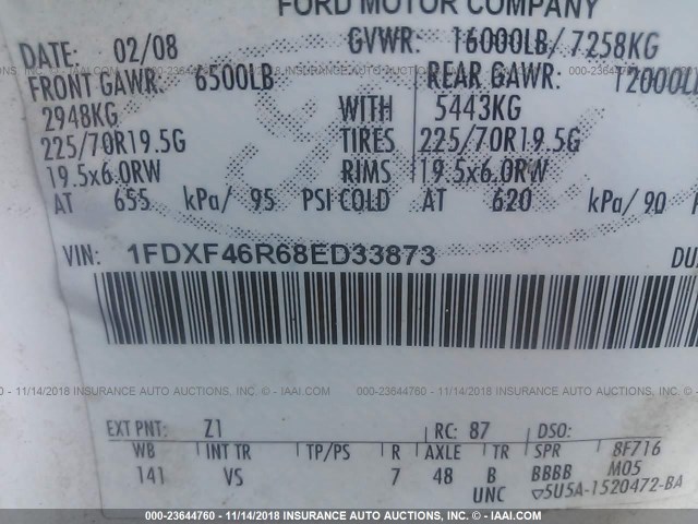 1FDXF46R68ED33873 - 2008 FORD F450 SUPER DUTY WHITE photo 9