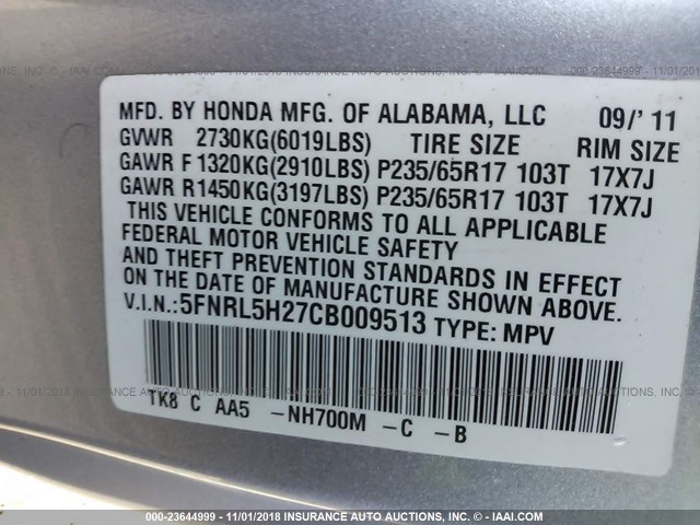 5FNRL5H27CB009513 - 2012 HONDA ODYSSEY LX SILVER photo 9