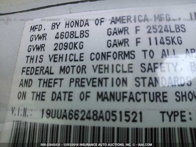 19UUA66248A051521 - 2008 ACURA TL WHITE photo 9