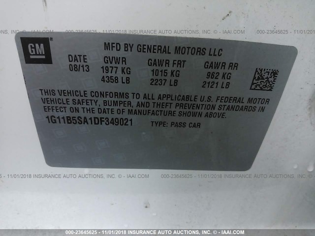 1G11B5SA1DF349021 - 2013 CHEVROLET MALIBU LS 白色 照片 9