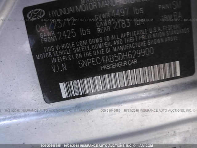 5NPEC4AB5DH629900 - 2013 HYUNDAI SONATA SE/LIMITED SILVER photo 9