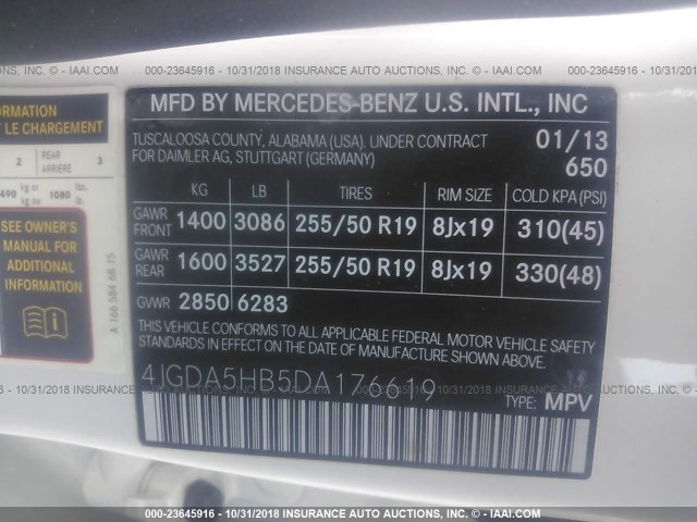 4JGDA5HB5DA176619 - 2013 MERCEDES-BENZ ML 350 4MATIC WHITE photo 9