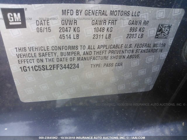 1G11C5SL2FF344234 - 2015 CHEVROLET MALIBU 1LT BLUE photo 9