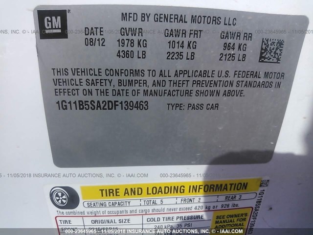 1G11B5SA2DF139463 - 2013 CHEVROLET MALIBU LS 白色 照片 9