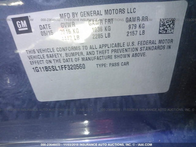 1G11B5SL1FF320560 - 2015 CHEVROLET MALIBU LS Көк фото 9