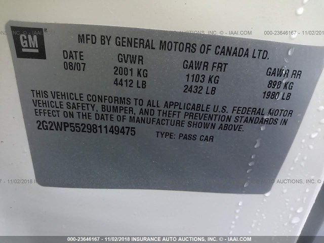 2G2WP552981149475 - 2008 PONTIAC GRAND PRIX თეთრი ფოტო 9
