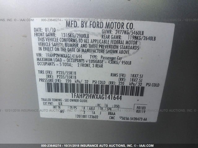 1FAHP2HWXAG141644 - 2010 FORD TAURUS SEL SILVER photo 9