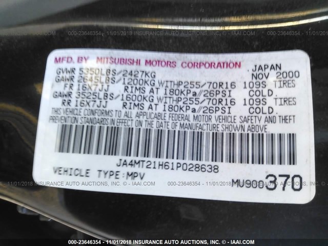 JA4MT21H61P028638 - 2001 MITSUBISHI MONTERO SPORT ES/SPORT LS BLACK photo 9