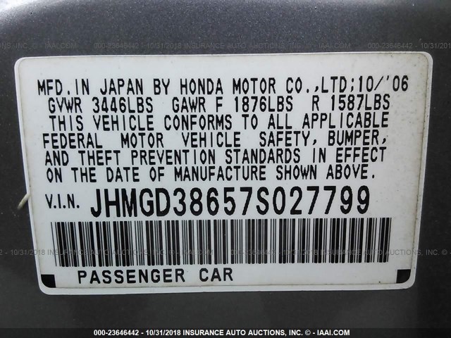 JHMGD38657S027799 - 2007 HONDA FIT S 灰色 照片 9