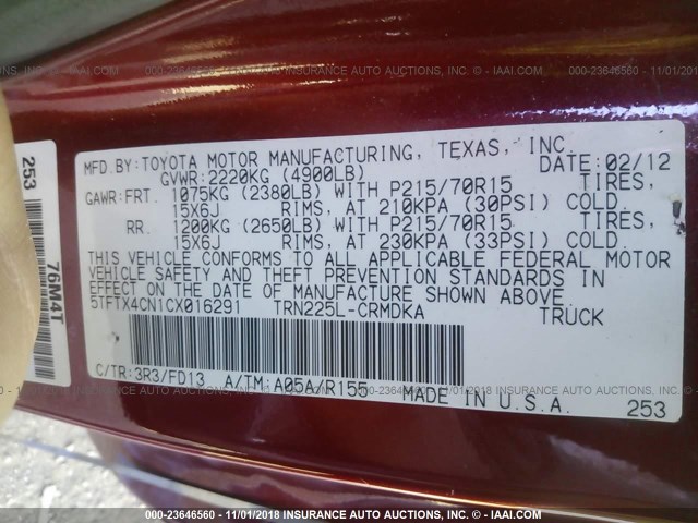 5TFTX4CN1CX016291 - 2012 TOYOTA TACOMA ACCESS CAB RED photo 9