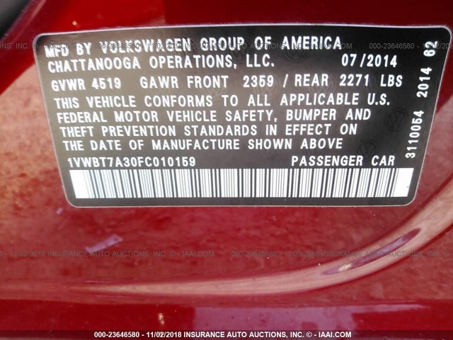 1VWBT7A30FC010159 - 2015 VOLKSWAGEN PASSAT SE RED photo 9