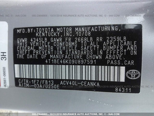 4T1BE46K09U897591 - 2009 TOYOTA CAMRY SE/LE/XLE 银色 照片 9