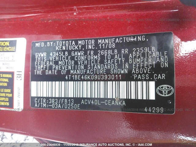 4T1BE46K09U393011 - 2009 TOYOTA CAMRY SE/LE/XLE RED photo 9