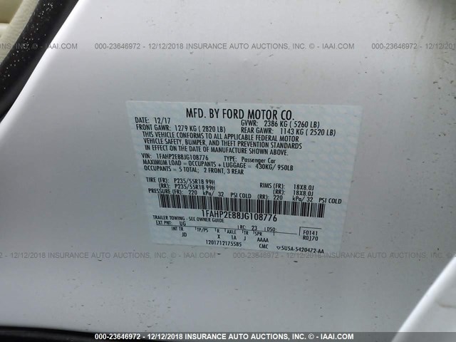 1FAHP2E88JG108776 - 2018 FORD TAURUS SEL WHITE photo 9