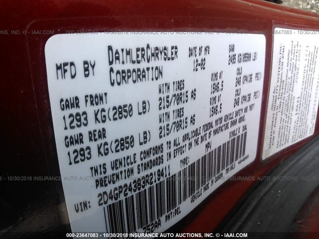 2D4GP24383R219411 - 2003 DODGE GRAND CARAVAN SE RED photo 9