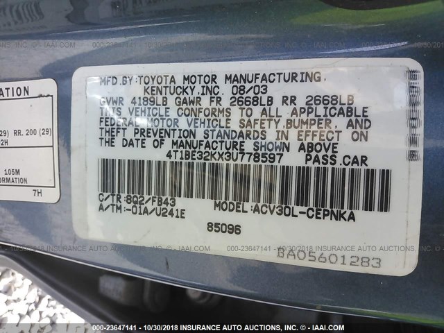 4T1BE32KX3U778597 - 2003 TOYOTA CAMRY LE/XLE/SE BLUE photo 9