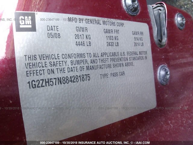 1G2ZH57N884281875 - 2008 PONTIAC G6 GT RED photo 9