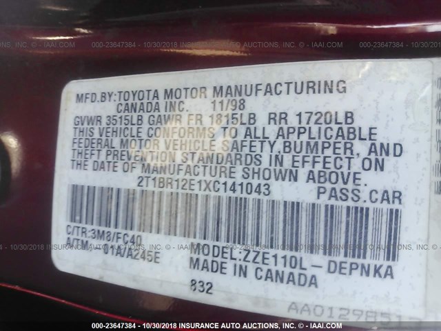 2T1BR12E1XC141043 - 1999 TOYOTA COROLLA VE/CE/LE MAROON photo 9